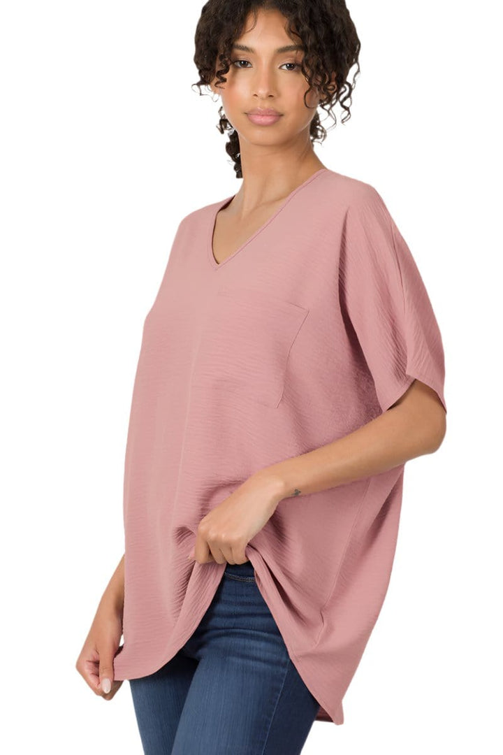 Zenana Woven Airflow V-Neck Dolman Short Sleeve Pocket Top