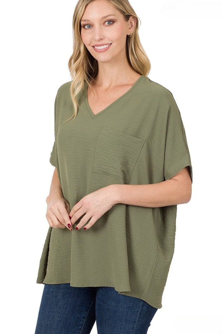 Zenana Woven Airflow V-Neck Dolman Short Sleeve Pocket Top