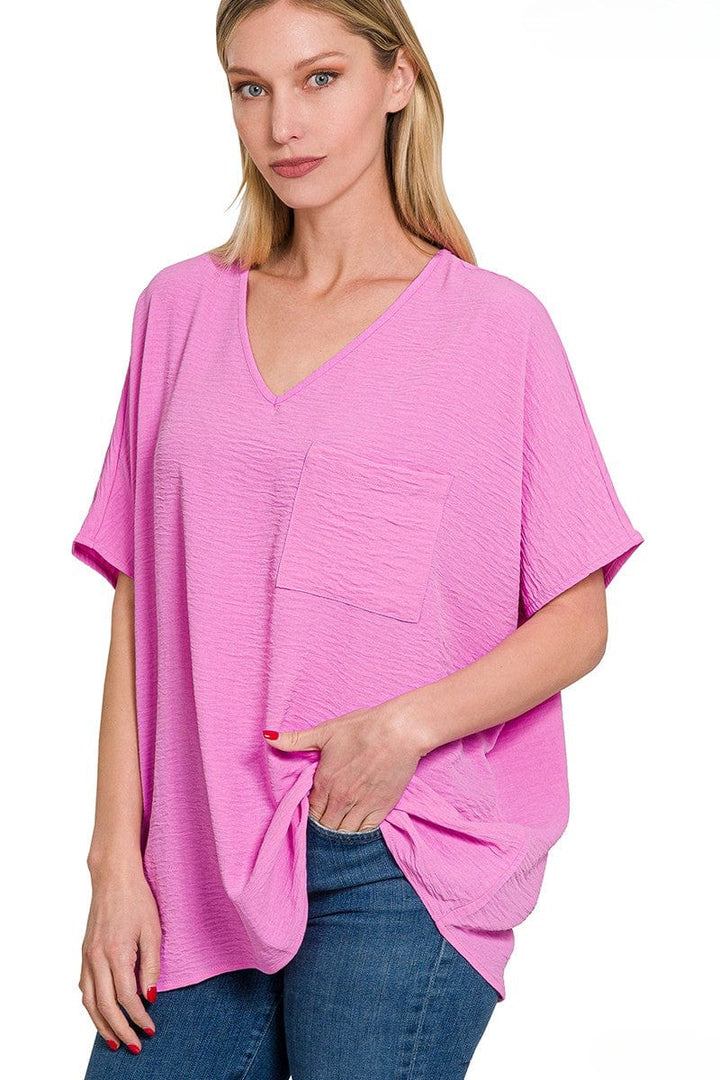 Zenana Woven Airflow V-Neck Dolman Short Sleeve Pocket Top