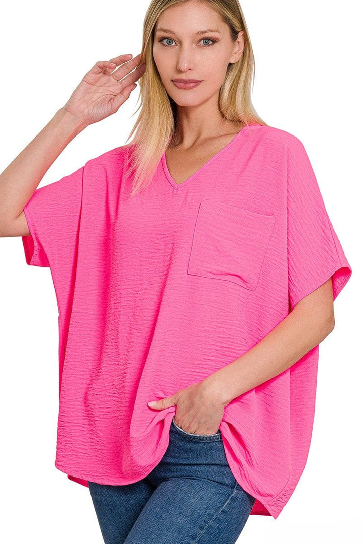 Zenana Woven Airflow V-Neck Dolman Short Sleeve Pocket Top