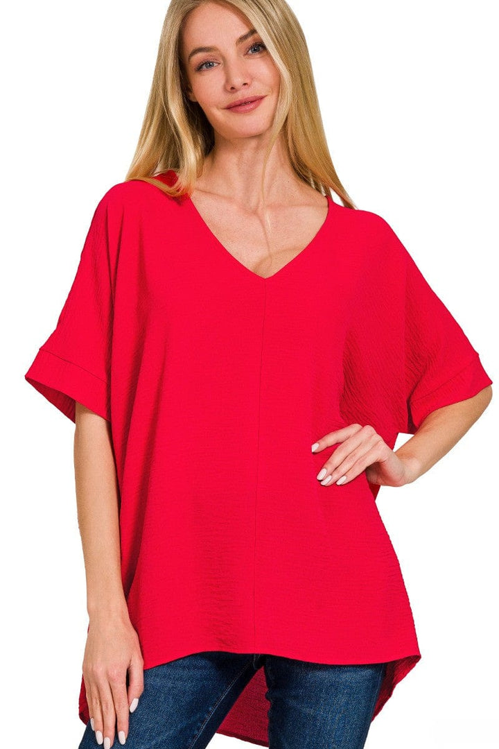 Zenana Woven Airflow V-Neck Dolman Short Sleeve Pocket Top