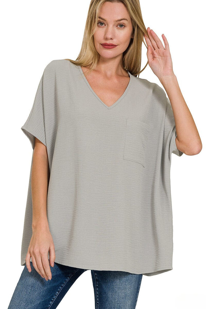 Zenana Woven Airflow V-Neck Dolman Short Sleeve Pocket Top