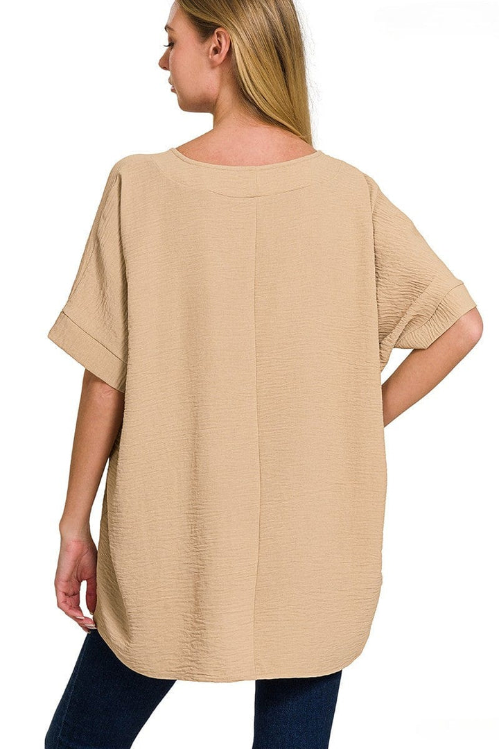 Zenana Woven Airflow V-Neck Dolman Short Sleeve Top