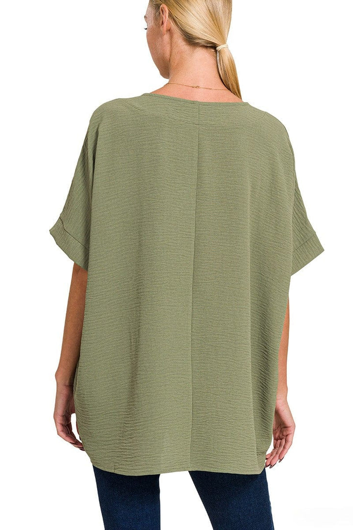 Zenana Woven Airflow V-Neck Dolman Short Sleeve Top