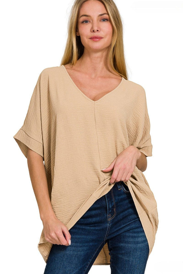 Zenana Woven Airflow V-Neck Dolman Short Sleeve Top