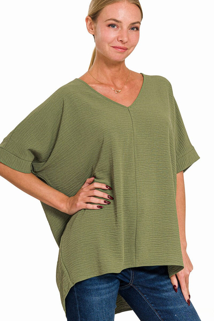 Zenana Woven Airflow V-Neck Dolman Short Sleeve Top