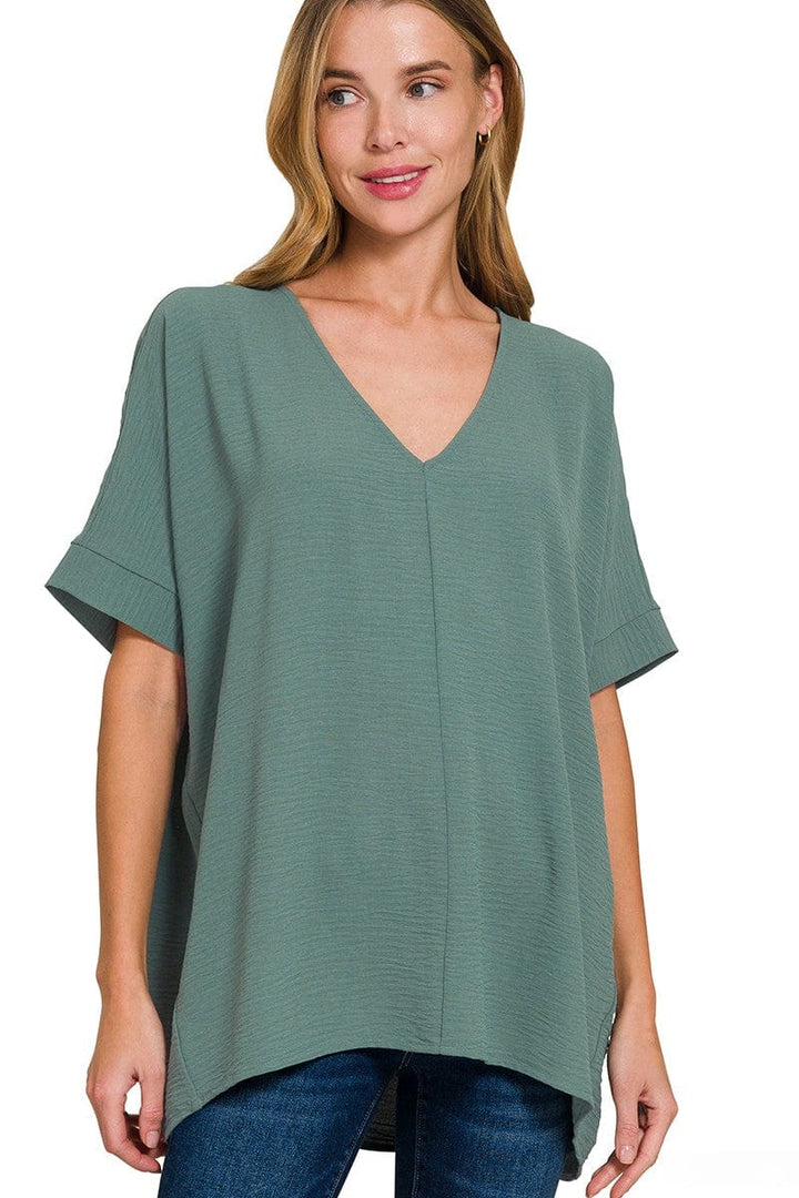 Zenana Woven Airflow V-Neck Dolman Short Sleeve Top