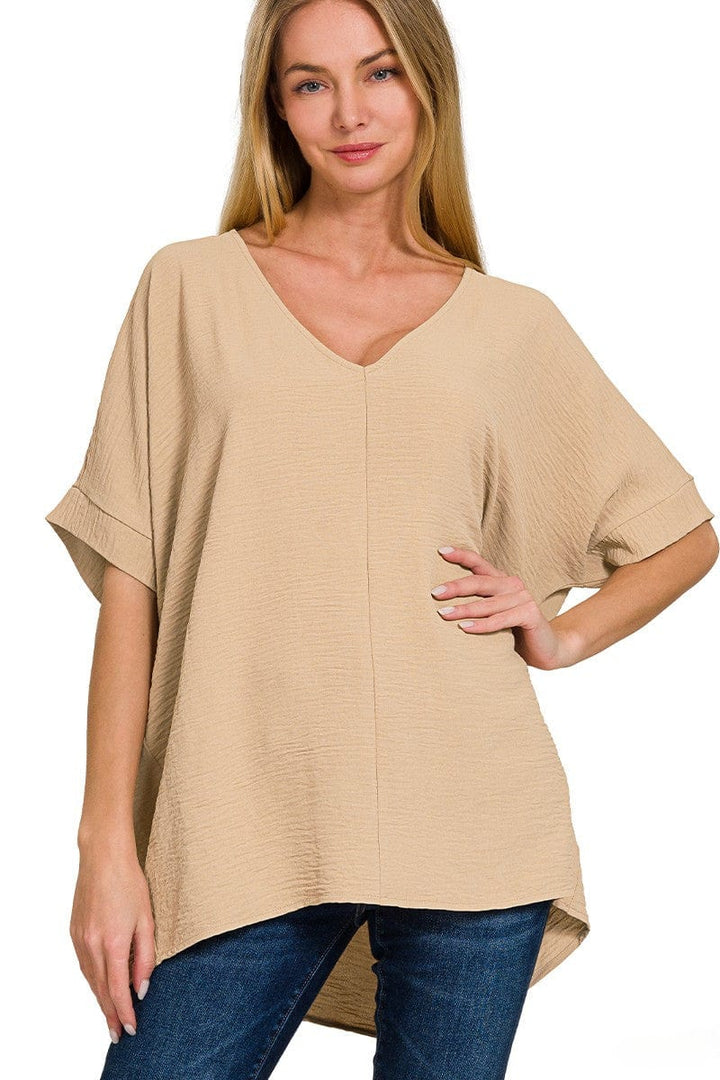 Zenana Woven Airflow V-Neck Dolman Short Sleeve Top