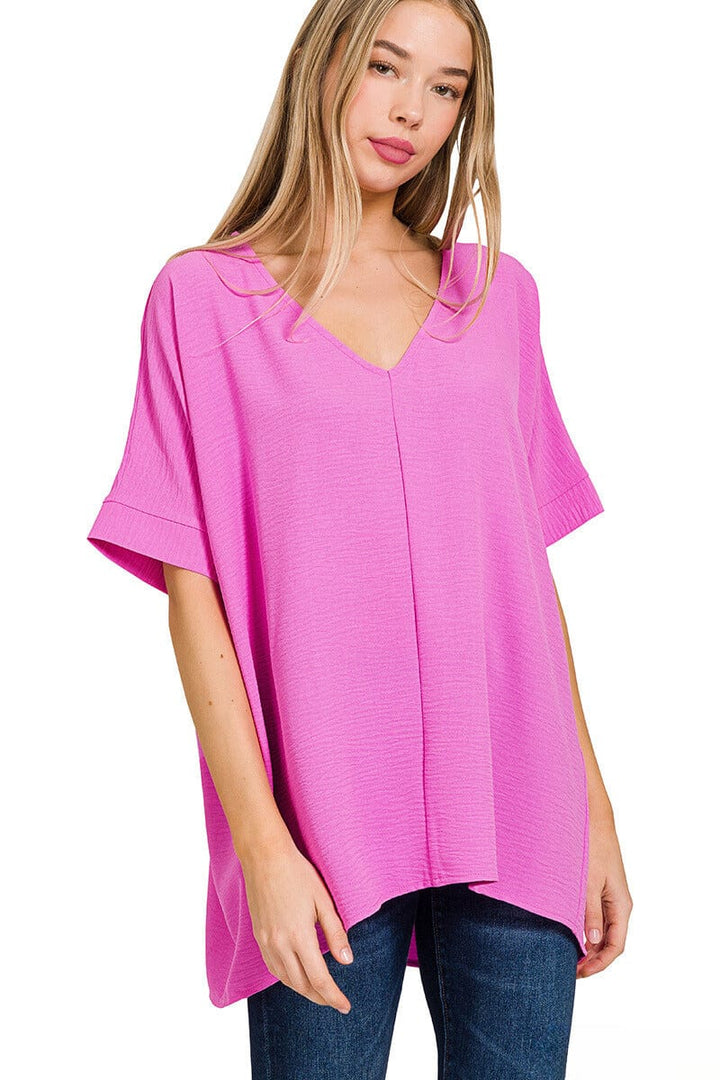 Zenana Woven Airflow V-Neck Dolman Short Sleeve Top