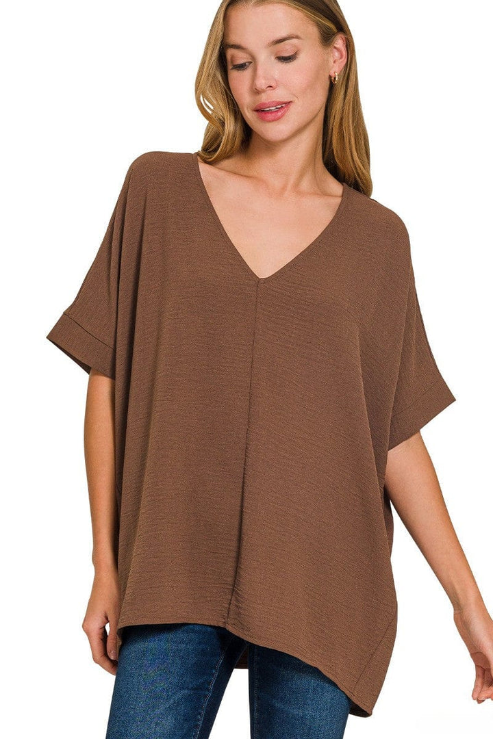 Zenana Woven Airflow V-Neck Dolman Short Sleeve Top