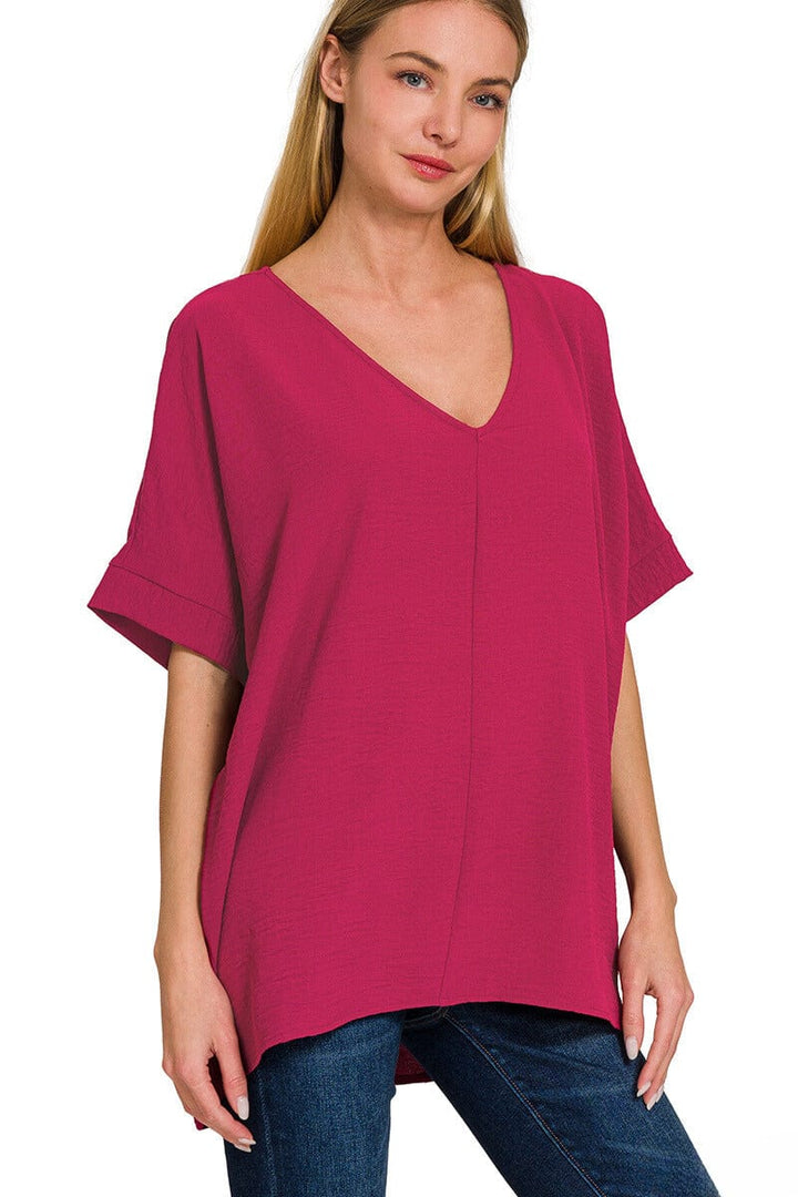 Zenana Woven Airflow V-Neck Dolman Short Sleeve Top