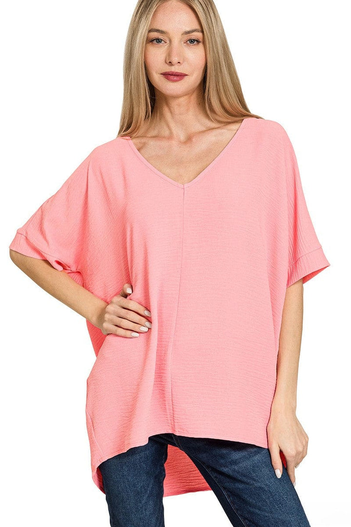 Zenana Woven Airflow V-Neck Dolman Short Sleeve Top