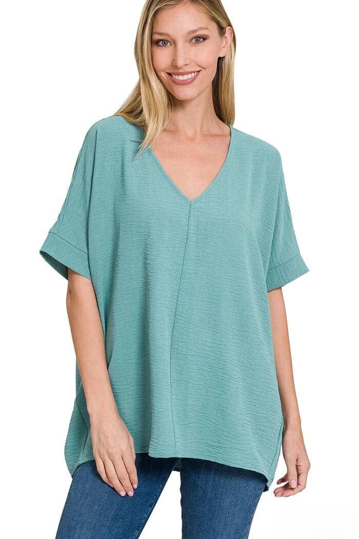 Zenana Woven Airflow V-Neck Dolman Short Sleeve Top