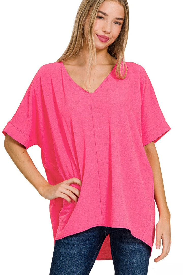 Zenana Woven Airflow V-Neck Dolman Short Sleeve Top