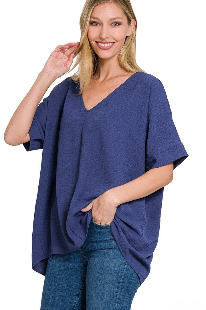 Zenana Woven Airflow V-Neck Dolman Short Sleeve Top