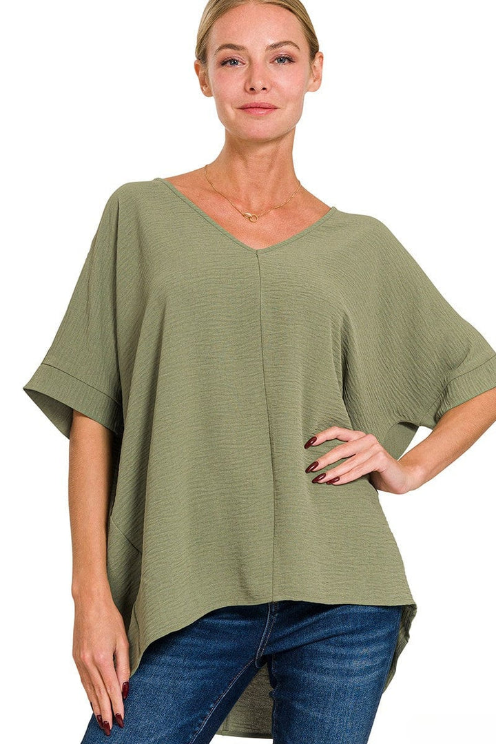 Zenana Woven Airflow V-Neck Dolman Short Sleeve Top