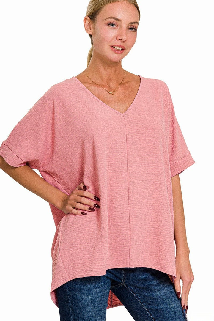 Zenana Woven Airflow V-Neck Dolman Short Sleeve Top