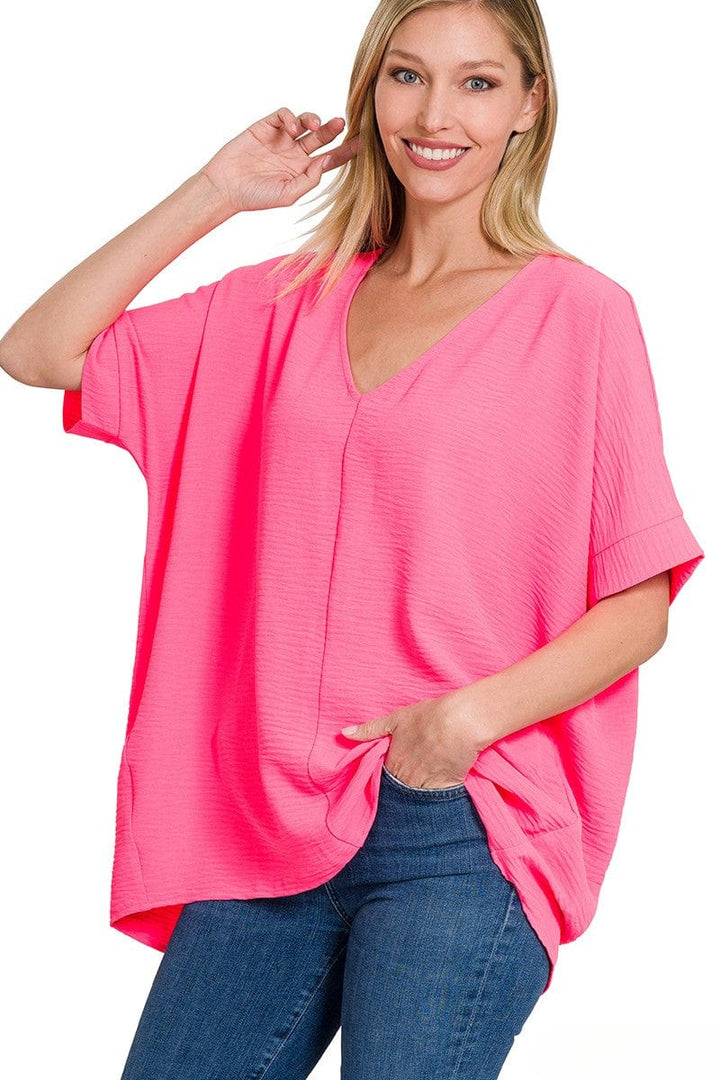 Zenana Woven Airflow V-Neck Dolman Short Sleeve Top