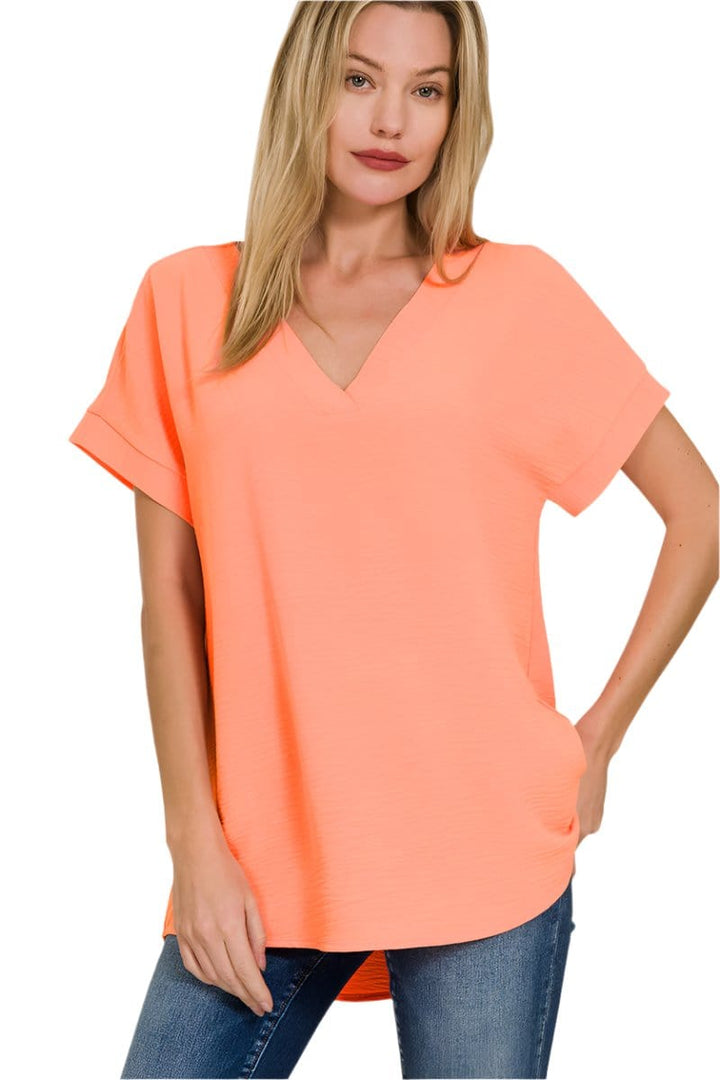 Zenana Woven Airflow V-Neck Hi-Low Hem Top