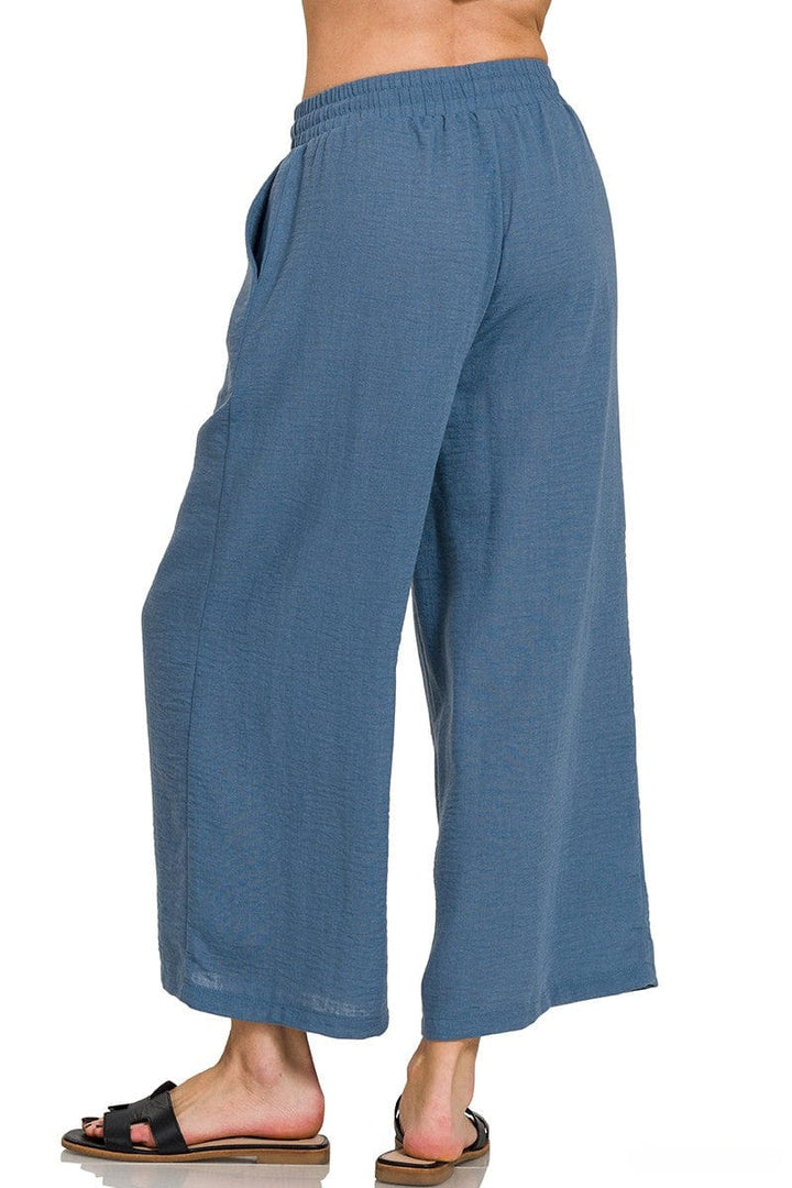 Zenana Woven Crepe Drawstring Elastic Band Waist Cropped Pants