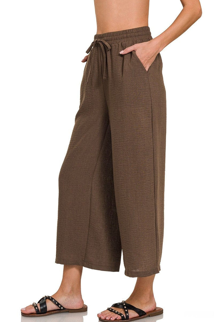 Zenana Woven Crepe Drawstring Elastic Band Waist Cropped Pants