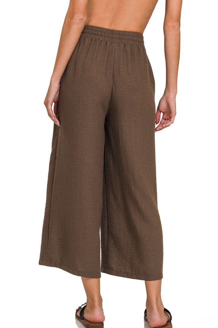 Zenana Woven Crepe Drawstring Elastic Band Waist Cropped Pants