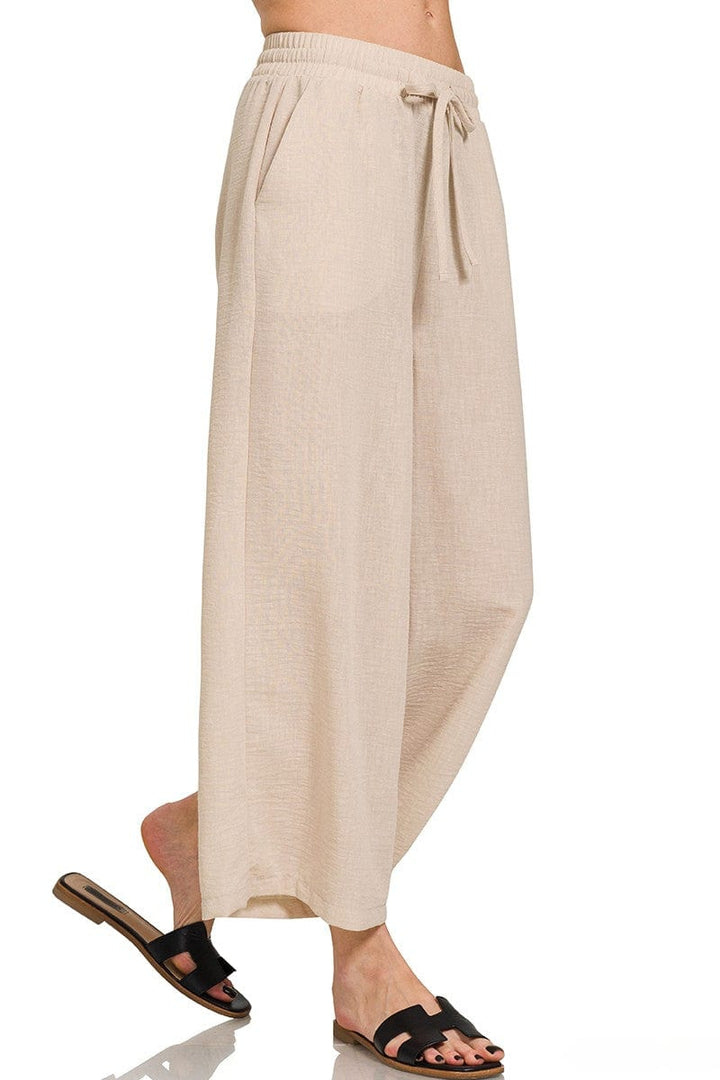 Zenana Woven Crepe Drawstring Elastic Band Waist Cropped Pants