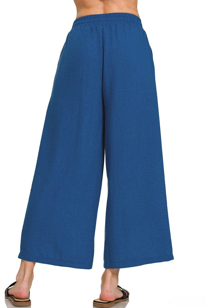Zenana Woven Crepe Drawstring Elastic Band Waist Cropped Pants