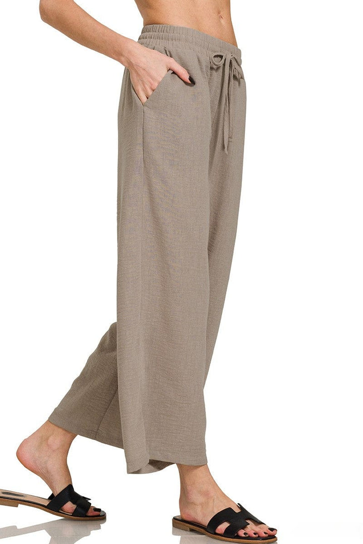 Zenana Woven Crepe Drawstring Elastic Band Waist Cropped Pants