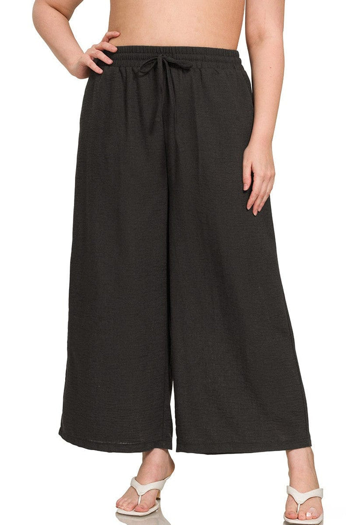 Zenana Woven Crepe Drawstring Elastic Band Waist Cropped Pants