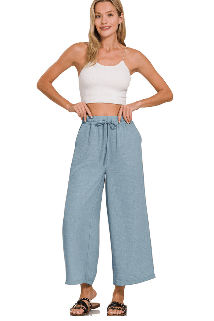 Zenana Woven Crepe Drawstring Elastic Band Waist Cropped Pants