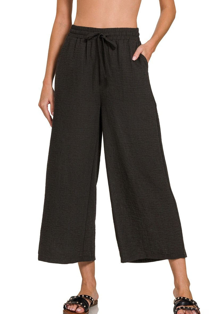 Zenana Woven Crepe Drawstring Elastic Band Waist Cropped Pants