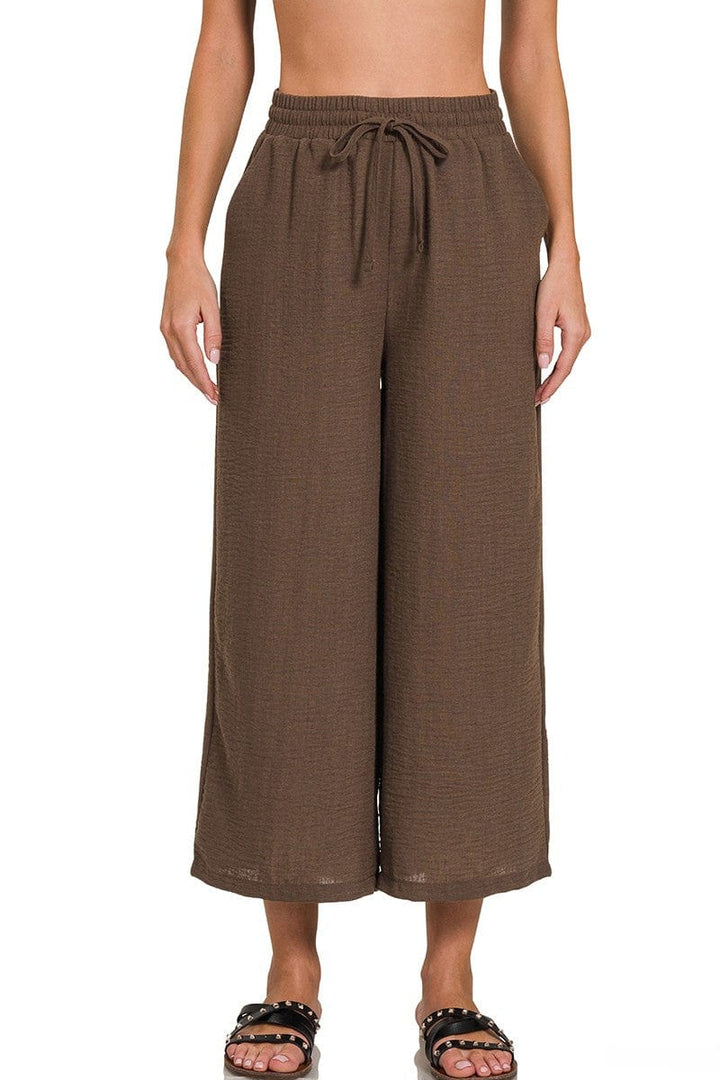 Zenana Woven Crepe Drawstring Elastic Band Waist Cropped Pants