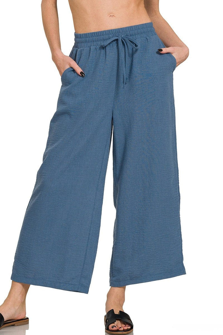 Zenana Woven Crepe Drawstring Elastic Band Waist Cropped Pants