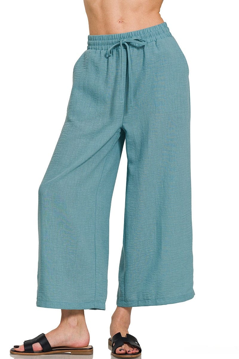 Zenana Woven Crepe Drawstring Elastic Band Waist Cropped Pants