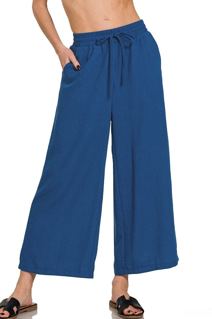 Zenana Woven Crepe Drawstring Elastic Band Waist Cropped Pants