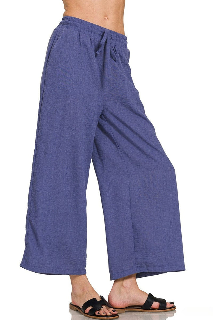 Zenana Woven Crepe Drawstring Elastic Band Waist Cropped Pants