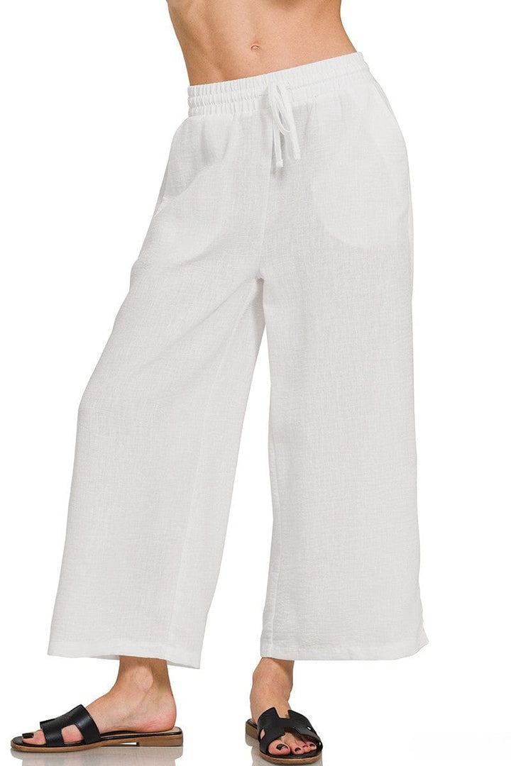 Zenana Woven Crepe Drawstring Elastic Band Waist Cropped Pants