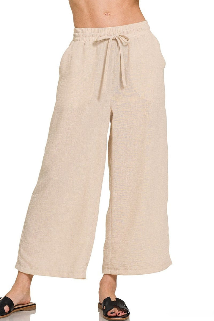 Zenana Woven Crepe Drawstring Elastic Band Waist Cropped Pants