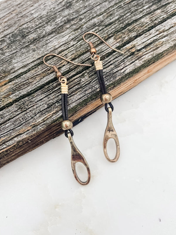 Zipper Style Bronze and Leather Dangle Earrings