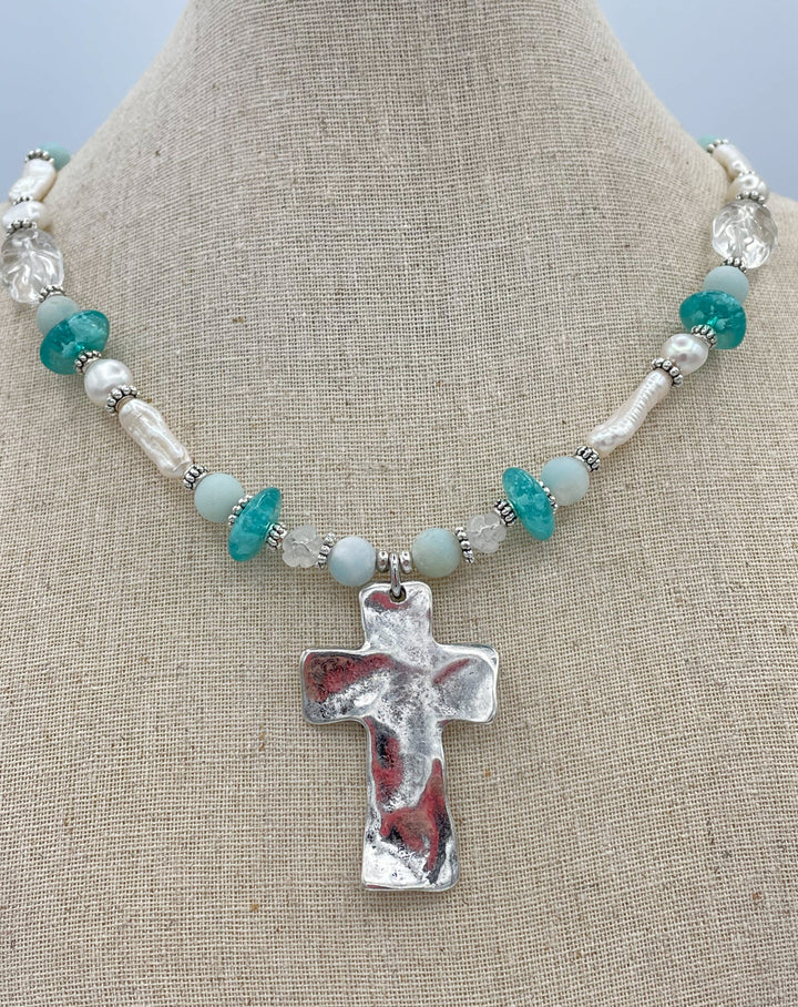 Amazonite and Freshwater Pearl Necklace with Hammered Metal Cross