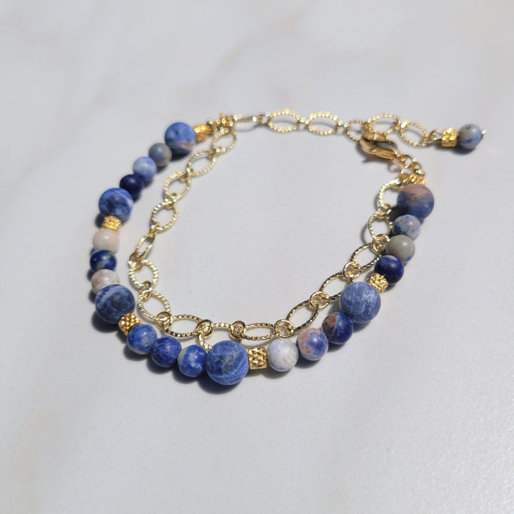 Blue Lapis Lazuli and Gold Chain Double Strand Bracelet