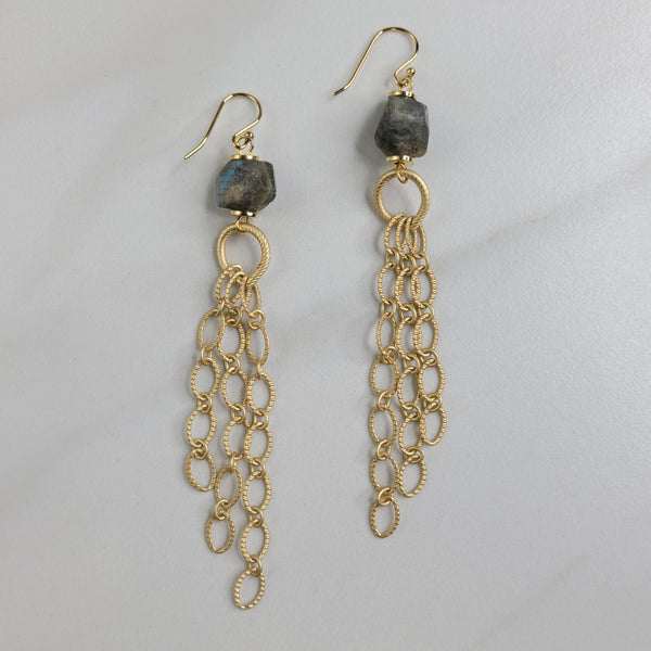 Handmade Earrings with Tassel of Gold Plated Etched Chain and Labradorite Stones for Pierced Ears