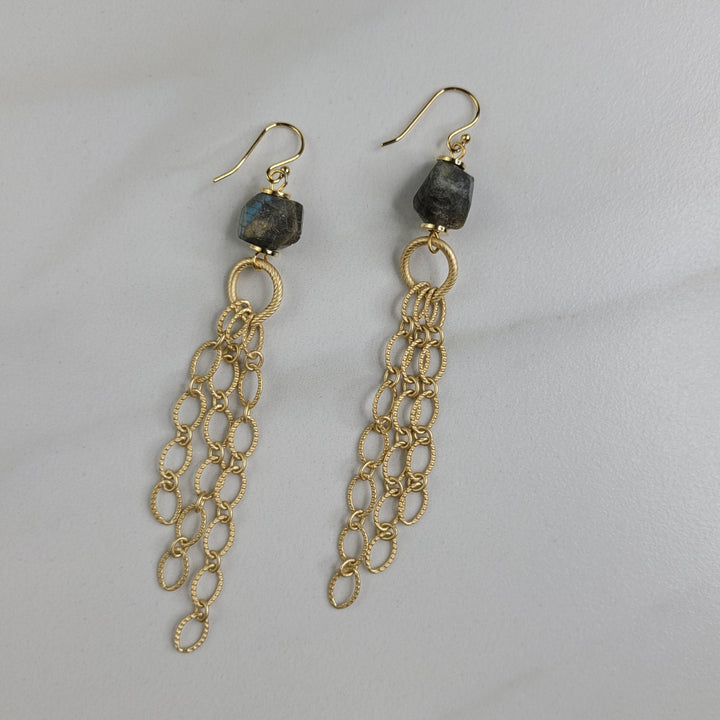 Avonlea Earrings Handmade Cascade of Gold Plated Chain and Labradorite Stone