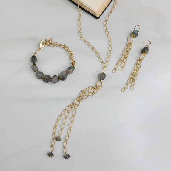 Avonlea Earrings Handmade Cascade of Gold Plated Chain and Labradorite Stone