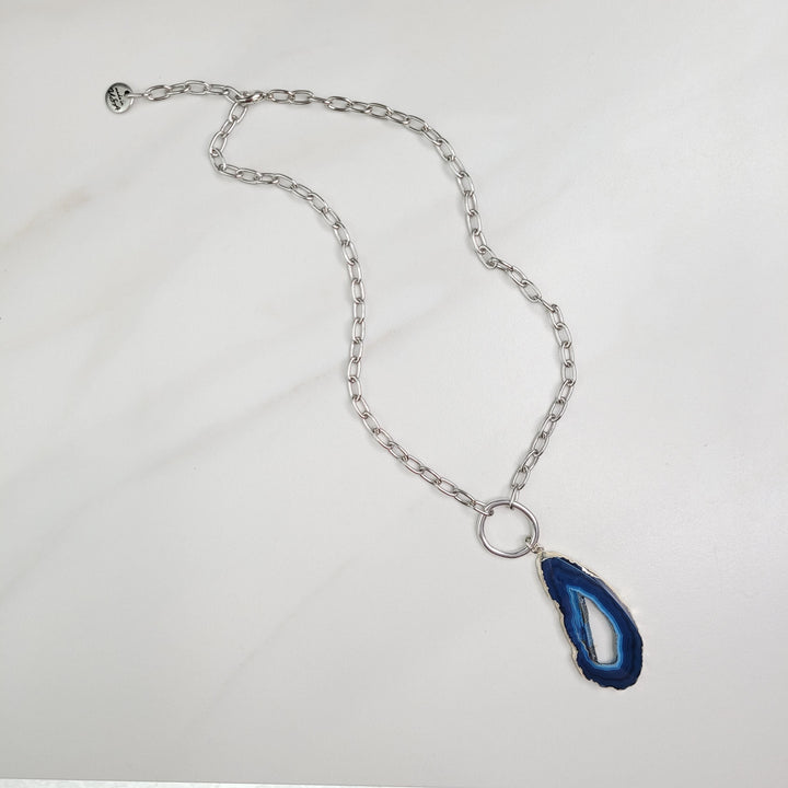 Azure Blue Lace Agate on Silver Cable Chain Necklace