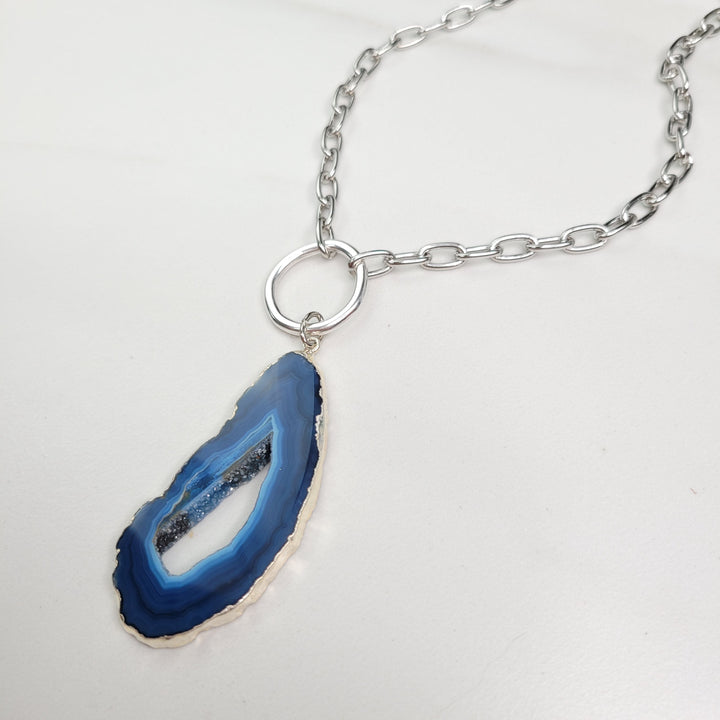 Azure Blue Lace Agate on Silver Cable Chain Necklace