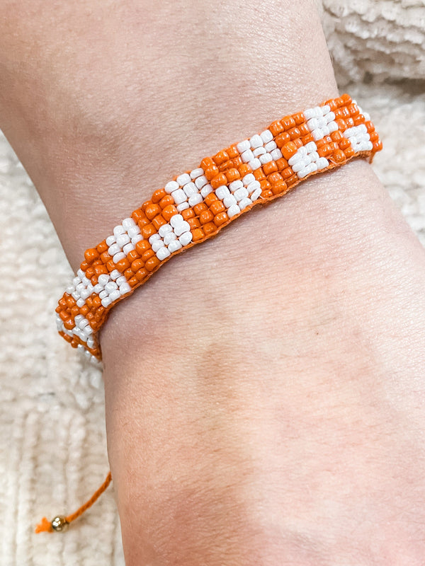 Beaded Orange and White Checkerboard Adjustable Bracelet