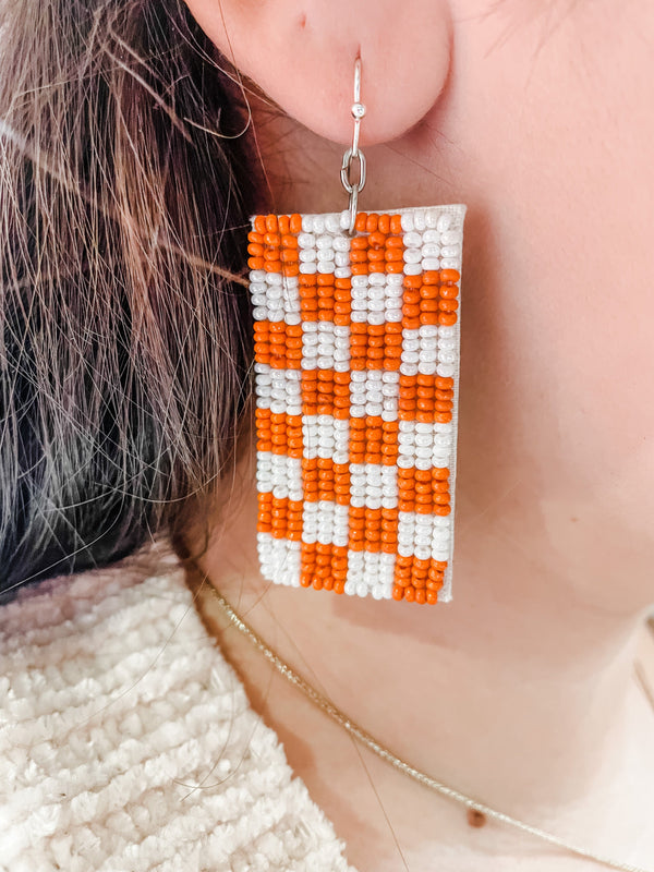 Beaded Orange and White Checkerboard Dangle Earrings
