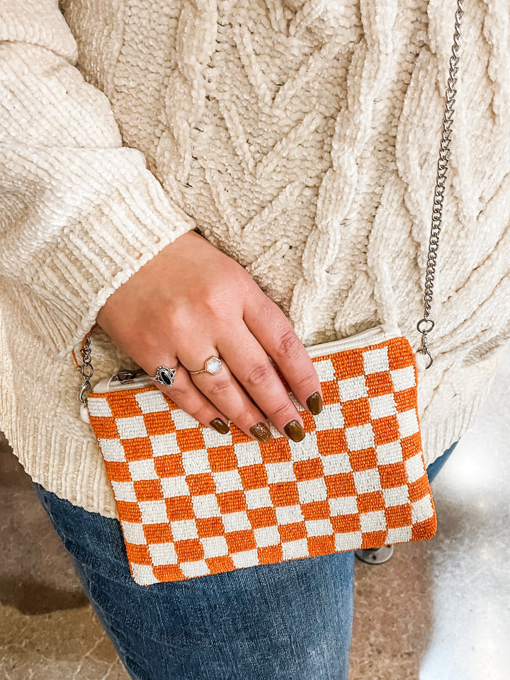 Beaded Orange and White Checkerboard Pouch Handbag with Chain